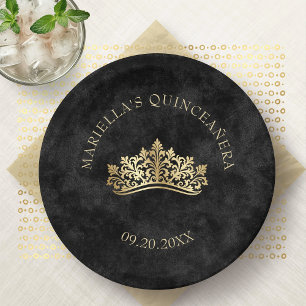 Black Tiara Crown Elegant Quinceanera Paper Plate