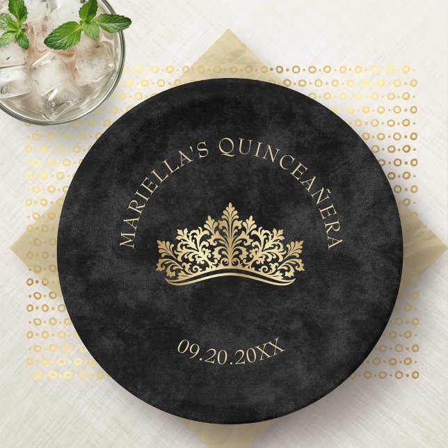 Black Tiara Crown Elegant Quinceanera Paper Plate (Creator Uploaded)