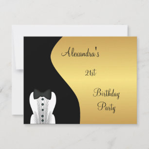 Black Tie 21st Birthday Party Black & Gold Invitation