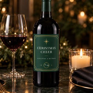 Black Tie Christmas Emerald Green & Gold Monogram Wine Label