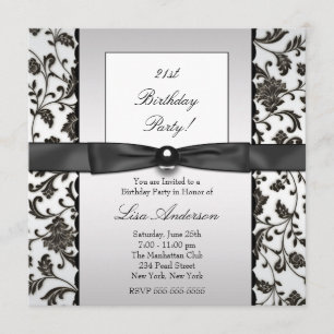 Black Tie Damask Womans 21st Birthday Party Invitation