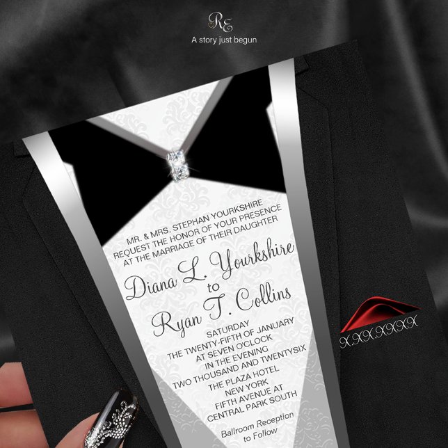 Black Tie Diamond Invitation (Black Tie Diamond invitation with elegant wording framed in timeless tuxedo.)