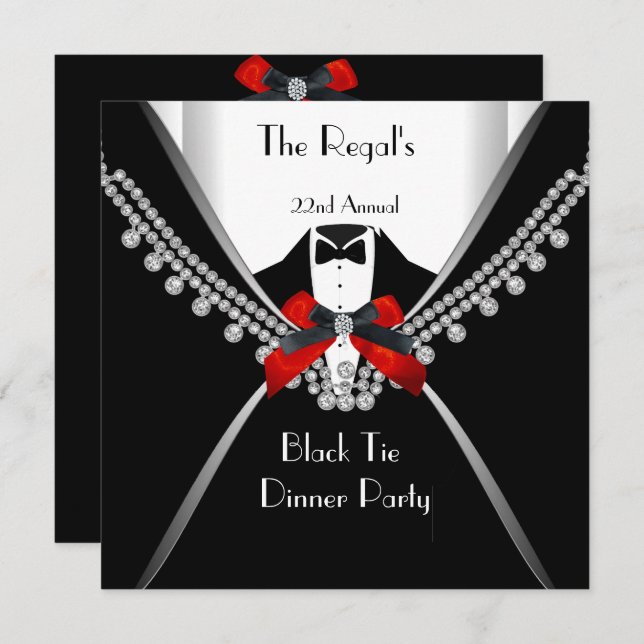 Black Tie Dinner White Red Bow Party 2 Invitation (Front/Back)