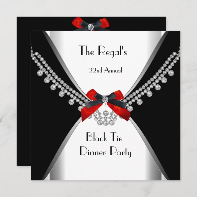 Black Tie Dinner White Red Bow Party 3 Invitation (Front/Back)