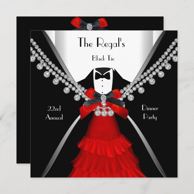 Black Tie Dinner White Red Bow Party Invitation (Front/Back)