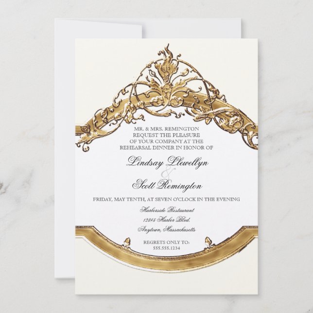 Black Tie Elegance 2, Golden Rehearsal Dinner Invitation (Front)