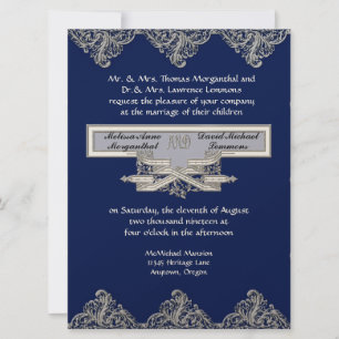 Black Tie Elegance 3 - Silver Look Vintage Damask Invitation