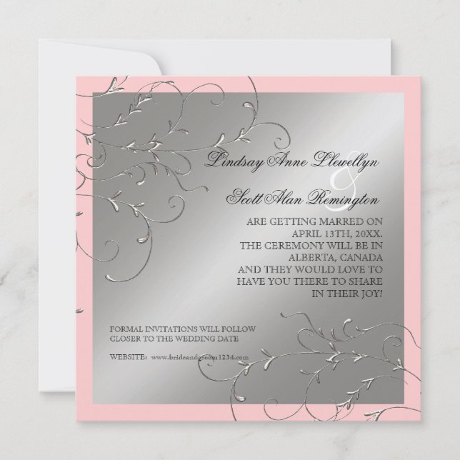 Black Tie Elegance, Silver Save the Date Invites (Front)