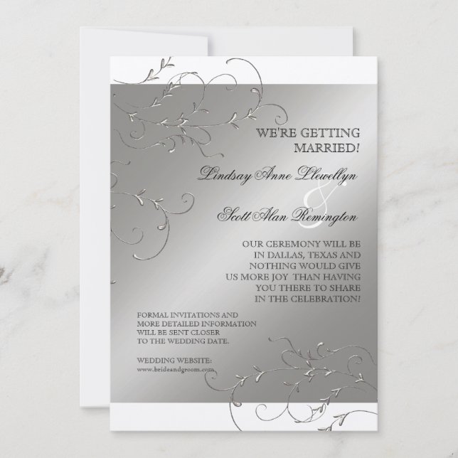 Black Tie Elegance, Silver Save the Date Invites (Front)
