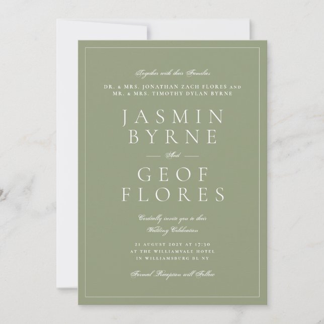 Black Tie Elegant Moss Green Typography Wedding Invitation (Front)