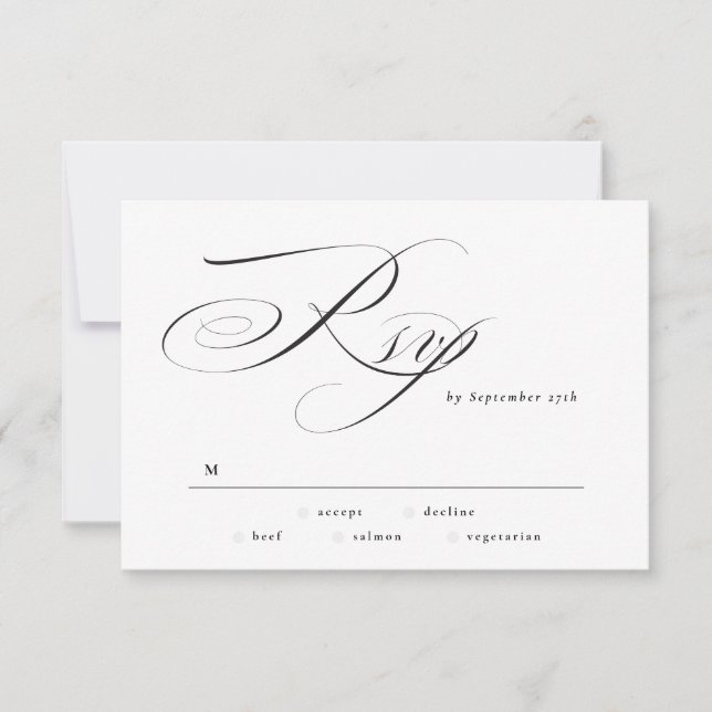 Black Tie Formal Elegant Calligraphy Wedding RSVP Card (Front)