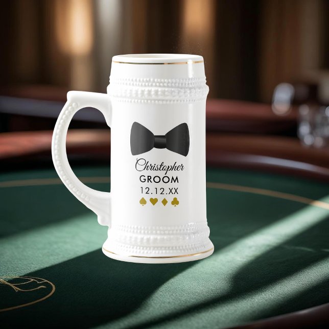 Black Tie Groom Name Poker Night Beer Stein  (It’s perfect for a classy bachelor night with a casino twist. Raise a toast to the groom-to-be!)