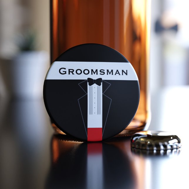 Black Tie Groomsman Name Wedding Bottle Opener (Creator Uploaded)