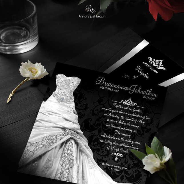 Black Tie Luxe Destination Invitation (Front and back view of the Black Tie Luxe invitation featuring tuxedo and ball gown details.)