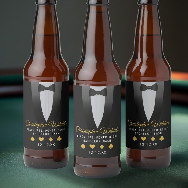 Black Tie Poker Night Bachelor Party Beer Bottle Label (It’s perfect for a classy bachelor night with a casino twist. Raise a toast to the groom-to-be!)