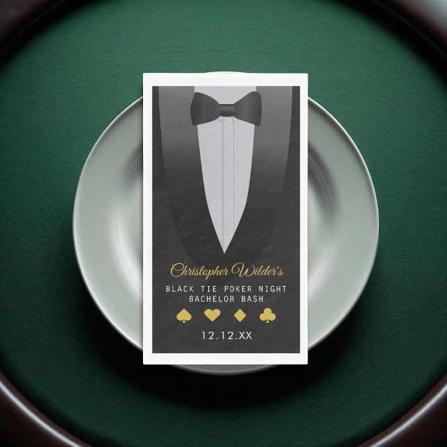 Black Tie Poker Night Bachelor Party Napkin (A tuxedo paper guest towel - it’s perfect for a classy bachelor night with a casino twist.)