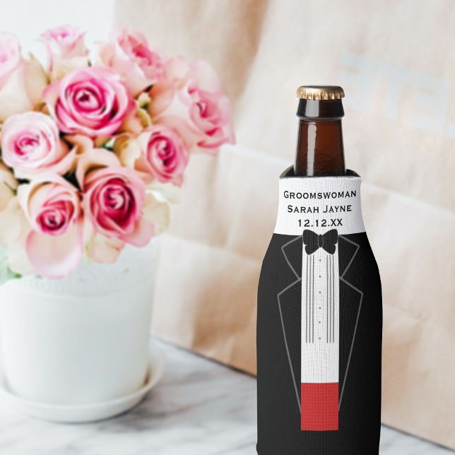 Black Tie Tuxedo Groomswoman Bottle Cooler (Just add your Groomswoman's name and wyour wedding date to this tuxedo bottle cooler)