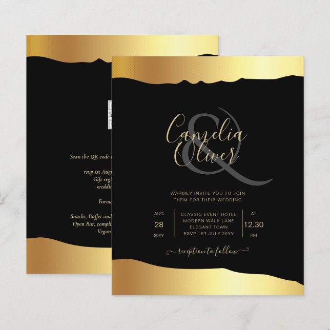 Black Tie Wedding Gold Foil Script Elegant Event  (Front/Back)