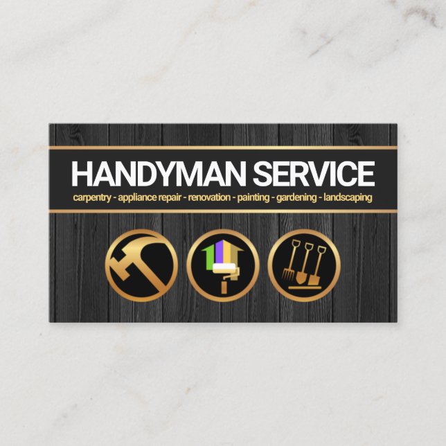 Black Timber Wood Handyman Tools Construction Business Card (Front)