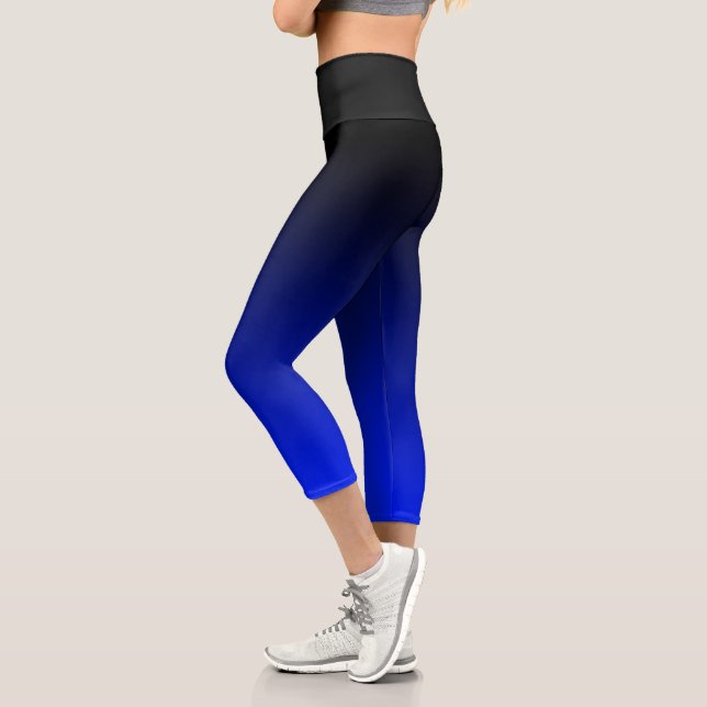 Black To Cobalt Blue Ombre Gradient Capri Leggings (Left)