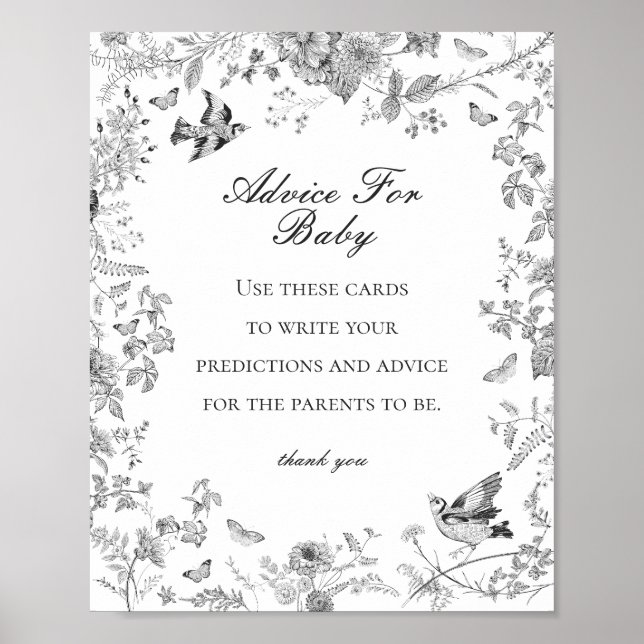 Black Toile De Jouy Advice for Baby Shower Game Poster (Front)
