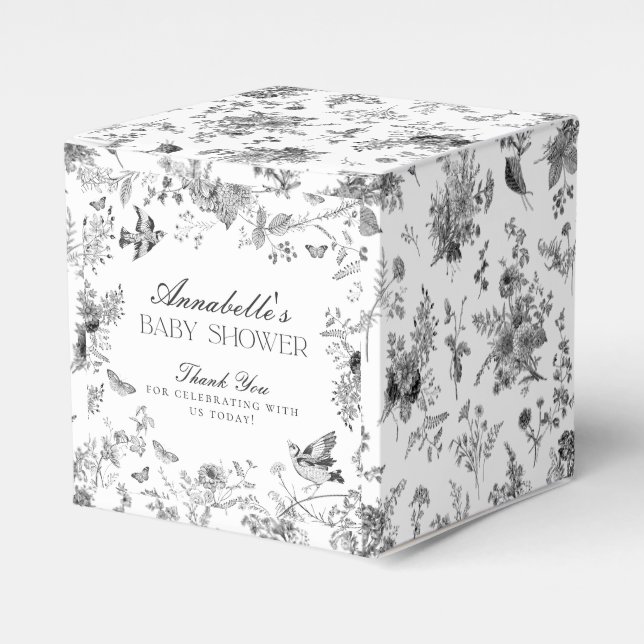 Black Toile De Jouy Floral Baby Shower Favour Boxe Favour Box (Front Side)
