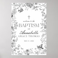 Black Toile De Jouy Floral Baptism Welcome Sign
