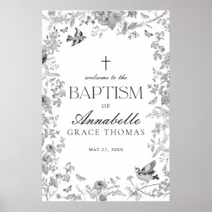 Black Toile De Jouy Floral Baptism Welcome Sign