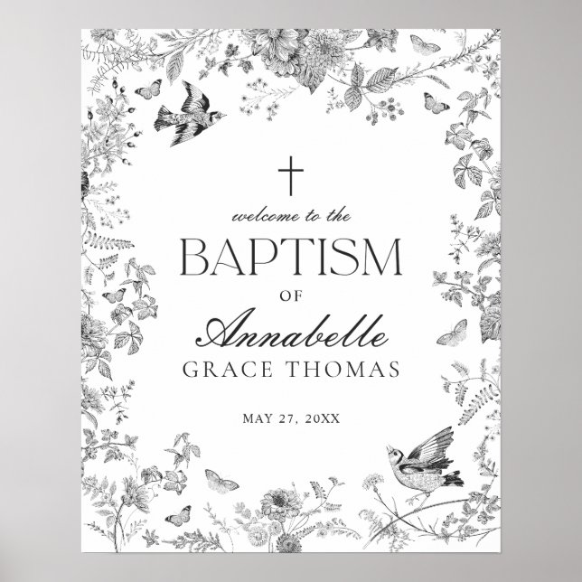 Black Toile De Jouy Floral Baptism Welcome Sign (Front)