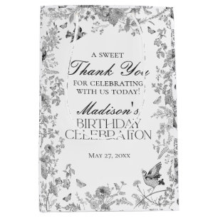 Black Toile De Jouy Floral Birthday Party Favours Medium Gift Bag