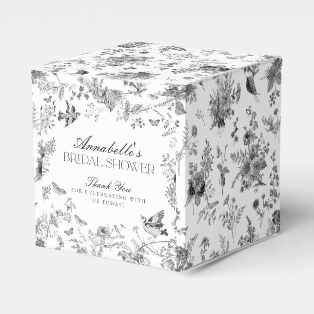 Black Toile De Jouy Floral Bridal Shower Favour Bo Box (Front Side)