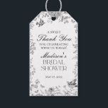 Black Toile De Jouy Floral Bridal Shower Favours Gift Tags<br><div class="desc">Transform your celebration with our Black Toile de Jouy Party Decor Collection. This elegant chinoiserie showcases intricate chinoiserie wildflowers, birds, and butterflies, all meticulously designed to create a sophisticated and timeless atmosphere. With detailed florals and a timeless black and white palette, this collection adds a touch of refined beauty to...</div>