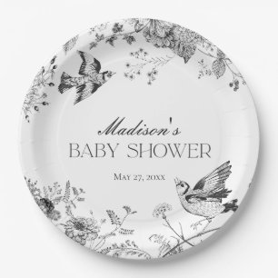 Black Toile De Jouy Vintage Floral Baby Shower Paper Plate