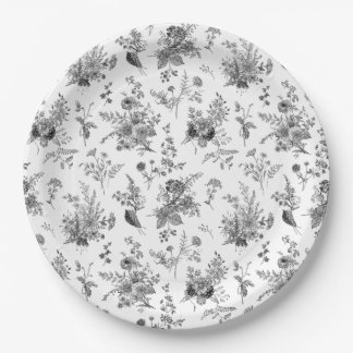 Black Toile De Jouy Vintage Floral Chinoiserie Paper Plate