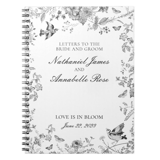 Black Toile De Jouy Wedding Letters Bride & Groom Notebook (Front)