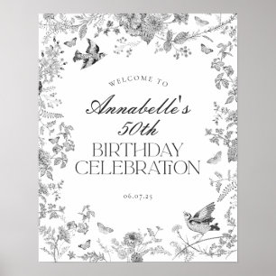Black Toile Floral Birthday Party Welcome Sign