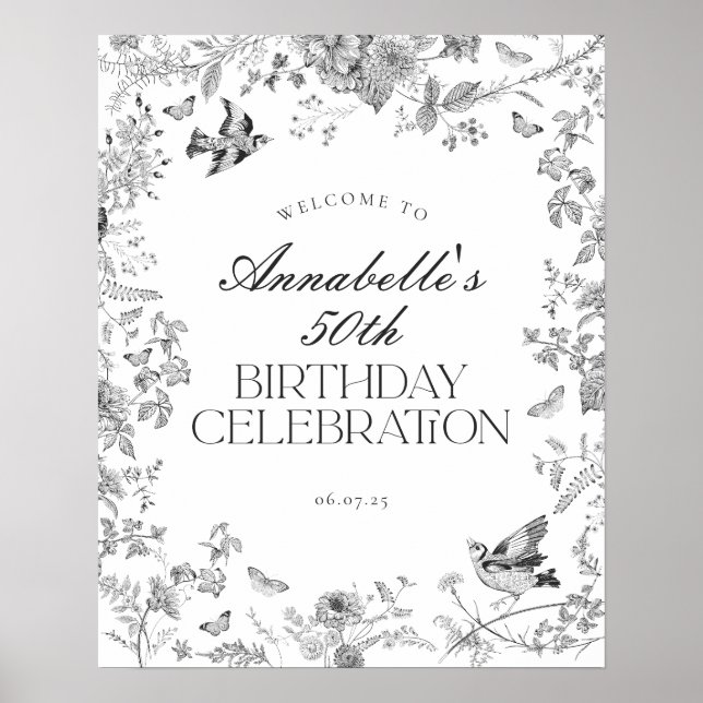 Black Toile Floral Birthday Party Welcome Sign (Front)