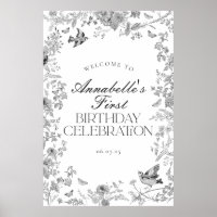 Black Toile Floral Birthday Party Welcome Sign