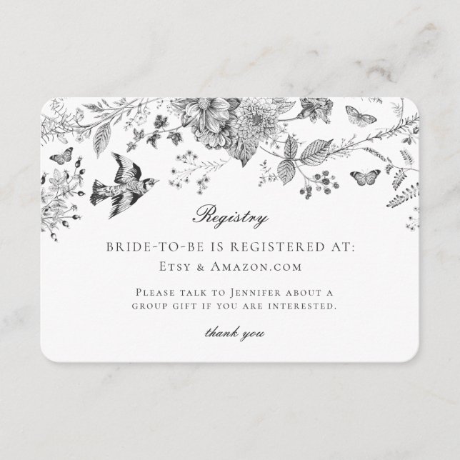 Black Toile Floral Bridal Registry Card Insert (Front)