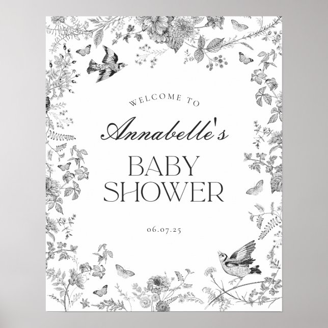 Black Toile Jouy Floral Baby Shower Welcome Sign (Front)