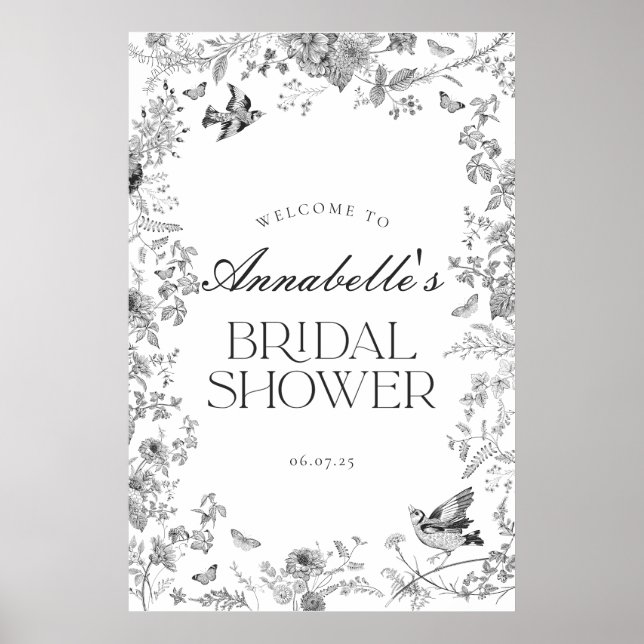 Black Toile Jouy Floral Bridal Shower Welcome Sign (Front)