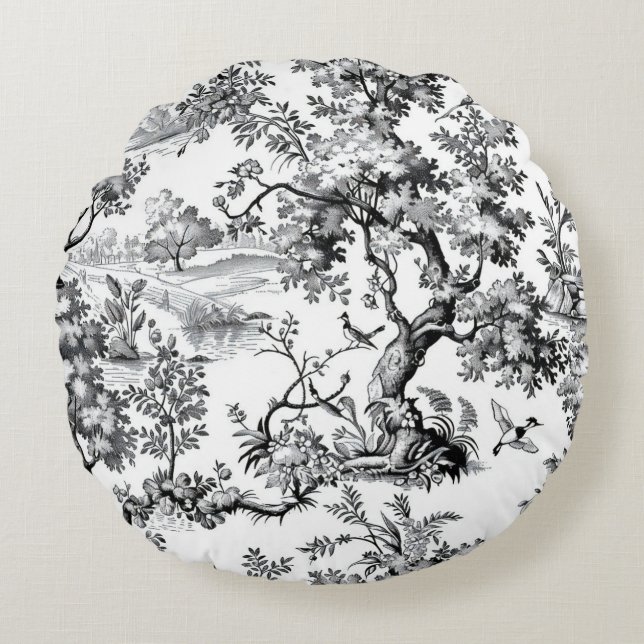 Black Toile Print  Round Cushion (Front)