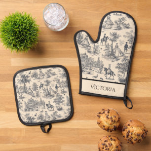 Black Toile Shabby Chic Personalised Oven Mitt & Pot Holder Set