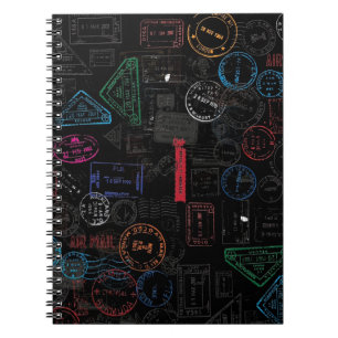 Black Tones Travelling Pasport Stamps. Spiral Notebook