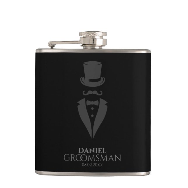 Black Top-hat & Tux Personalised Groomsmen Flask (Front)