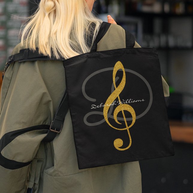 Black Tote Bag with her name & treble clef (music style)