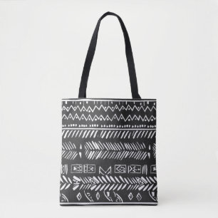 Black Tote Bag with White Tribal Geometric Pattern