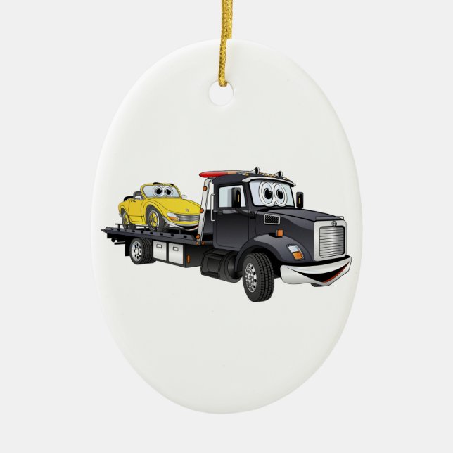 Black Tow Truck Flatbed Cartoon Ceramic Tree Decoration (Front)