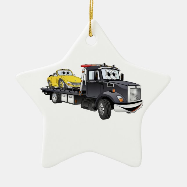 Black Tow Truck Flatbed Cartoon Ceramic Tree Decoration (Front)