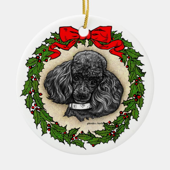 Black Toy Poodle Art by Glenda S. Harlan Ceramic Tree Decoration (Front)